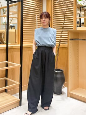 「KBF（ケイビーエフ）のリネンミックスWIDEコクーンパンツ（その他パンツ、ブルー系）」を使った、ayane01100212さん（レディース・158cm）の夏コーディネート