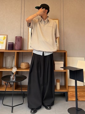 「YOLO（ヨーロ）のアイテム（ポロシャツ、ベージュ系）」を使った、ハルさん（メンズ・179cm）の夏コーディネート