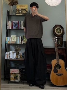 「YOLO（ヨーロ）のアイテム（ポロシャツ、ブラウン系）」を使った、ハルさん（メンズ・179cm）の夏コーディネート