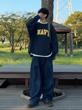 「アイテム（スウェット）」を使った、ハルさん（メンズ・179cm）の秋コーディネート