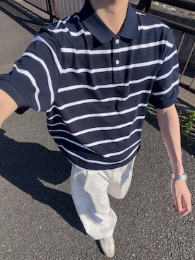 「YOLO（ヨーロ）のアイテム（ポロシャツ、ブルー系）」を使った、ハルさん（メンズ・179cm）の夏コーディネート