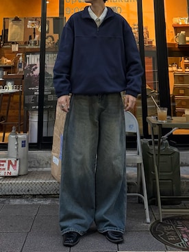 「YOLO（ヨーロ）のアイテム（トップス、ブルー系）」を使った、ハルさん（メンズ・179cm）の秋コーディネート