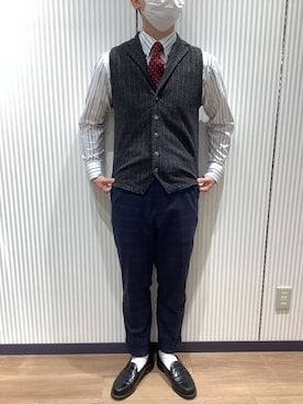 「TOKYO SHIRTS（トウキョウシャツ）のストライプ 前身カットラペル　ニットジ（ベスト）」を使った、BRICK HOUSE シャツ工房 鈴鹿イオンモール店さん（メンズ・170cm）の秋コーディネート