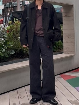 「ANCELLM（アンセルム）のANCELLM/DAMAGE WOOL HERRINGBONE COVER ALL（カバーオール、ブラック系）」を使った、ひらひらさん（メンズ・180cm）の春コーディネート