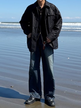 「YLEVE（イレーヴ）のYLÈVE / NYLON HUNTING BLOUSON 5（カバーオール、ブラック系）」を使った、ひらひらさん（メンズ・180cm）の春コーディネート