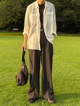 「LIDNM（リドム）のアイテム（スラックス）」を使った、ひらひらさん（メンズ・180cm）の夏コーディネート