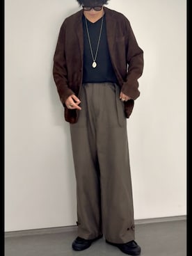 「LIDNM（リドム）のGoat Suede Tailored Jacket（テーラードジャケット、ブラウン系）」を使った、ひらひらさん（メンズ・180cm）の春コーディネート