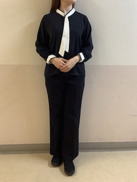 「TOKYO SHIRTS（トウキョウシャツ）のマットジョーゼット 配色 ボウタイブラウス 長袖 レディースデザインシャツ（シャツ/ブラウス、ブルー系）」を使った、BRICK HOUSE by Tokyo Shirts 札幌苗穂イオンモール店さん（レディース・159cm）の秋コーディネート
