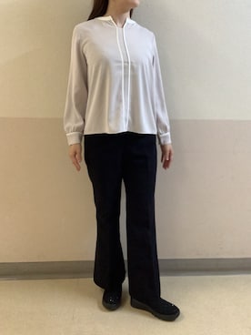 「TOKYO SHIRTS（トウキョウシャツ）のマットジョーゼット 配色 キーネック ブラウス 長袖 レディースデザインシャツ（シャツ/ブラウス、ピンク系）」を使った、BRICK HOUSE by Tokyo Shirts 札幌苗穂イオンモール店さん（レディース・159cm）の秋コーディネート