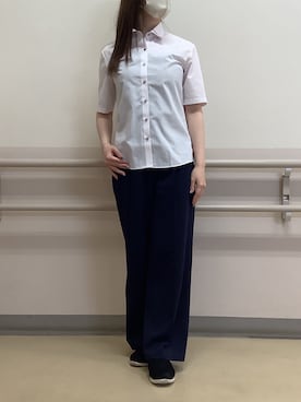 「TOKYO SHIRTS（トウキョウシャツ）の形態安定ノンアイロン ワイド 5分袖ビジネスワイシャツ（ビジネスシャツ、ピンク系）」を使った、BRICK HOUSE by Tokyo Shirts 札幌苗穂イオンモール店さん（レディース・160cm）の夏コーディネート