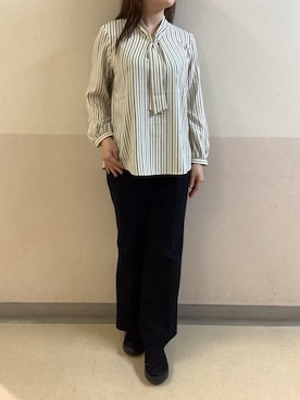 「TOKYO SHIRTS（トウキョウシャツ）のジョーゼット ボウタイ ブラウス 長袖 レディースデザインシャツ（シャツ/ブラウス、ベージュ系）」を使った、BRICK HOUSE by Tokyo Shirts 札幌苗穂イオンモール店さん（レディース・159cm）の秋コーディネート
