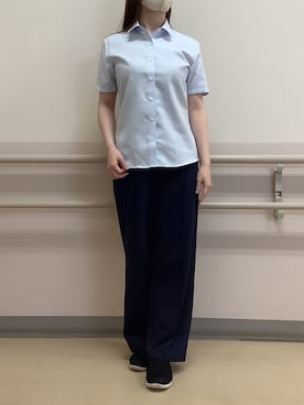 「TOKYO SHIRTS（トウキョウシャツ）の形態安定ノンアイロン ワイド 半袖ビジネスワイシャツ（ビジネスシャツ、ブルー系）」を使った、BRICK HOUSE by Tokyo Shirts 札幌苗穂イオンモール店さん（レディース・160cm）の夏コーディネート