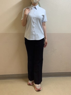 「TOKYO SHIRTS（トウキョウシャツ）の【吸水速乾】【COFREX】形態安定ノンアイロン レギュラー 半袖ビジネスワイシャツ（ビジネスシャツ、ブルー系）」を使った、BRICK HOUSE by Tokyo Shirts 札幌苗穂イオンモール店さん（レディース・160cm）の夏コーディネート