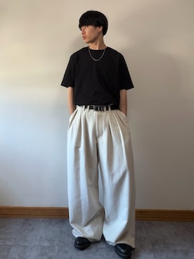 「WYM LIDNM（ウィム バイ リドム）のEXTRA FINE COTTON BASIC TEE -SLIM CROPPED FIT-（Tシャツ/カットソー、ブラック系）」を使った、ゆとさん（メンズ・160cm）の春コーディネート