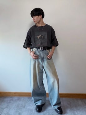 「welise（ウェライズ）の【welise/ウェライズ】モードフラワーグラフィックプリント ヴィンテージピグメント加工 オーバーサイズ半袖Tシャツ（Tシャツ/カットソー、ブラック系）」を使った、ゆとさん（メンズ・160cm）の春コーディネート