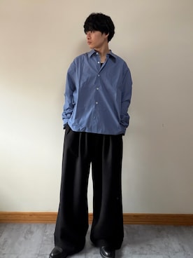 「WYM LIDNM（ウィム バイ リドム）のMICRO SPAN CROPPED SHIRT（シャツ/ブラウス、ブルー系）」を使った、ゆとさん（メンズ・160cm）の春コーディネート
