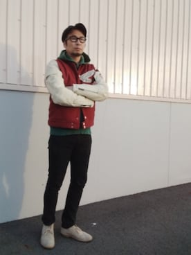 「アイテム（スタジャン）」を使った、ひこたさん（メンズ・179cm）の秋コーディネート