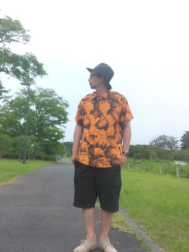 「adidas（アディダス）の古着80～90s 🏀柄シャツ（シャツ/ブラウス、オレンジ系）」を使った、ひこたさん（メンズ・179cm）の夏コーディネート