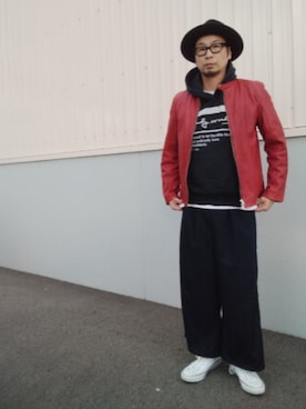 「アイテム（ライダースジャケット）」を使った、ひこたさん（メンズ・179cm）の秋コーディネート