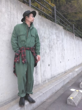 「U.S.ARMYのU.S.ARMYつなぎ（つなぎ/オールインワン、グリーン系）」を使った、ひこたさん（メンズ・179cm）の春コーディネート