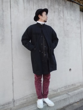 「アイテム（ライダースジャケット）」を使った、ひこたさん（メンズ・179cm）の冬コーディネート