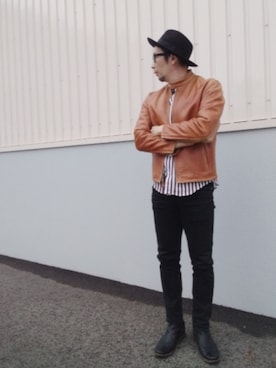 「アイテム（ライダースジャケット）」を使った、ひこたさん（メンズ・179cm）の秋コーディネート