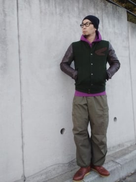 「アイテム（スタジャン）」を使った、ひこたさん（メンズ・179cm）の冬コーディネート