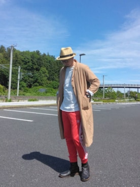 「adidas（アディダス）のアイテム（スウェットパンツ、レッド系）」を使った、ひこたさん（メンズ・179cm）の夏コーディネート