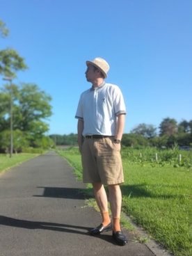 「FRED PERRY（フレッドペリー）のアイテム（ポロシャツ、ホワイト系）」を使った、ひこたさん（メンズ・179cm）の夏コーディネート