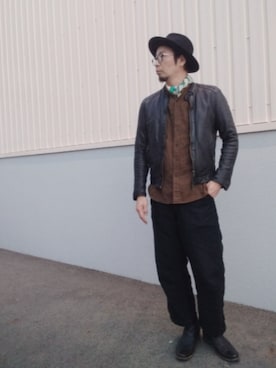 「アイテム（ライダースジャケット）」を使った、ひこたさん（メンズ・179cm）の秋コーディネート