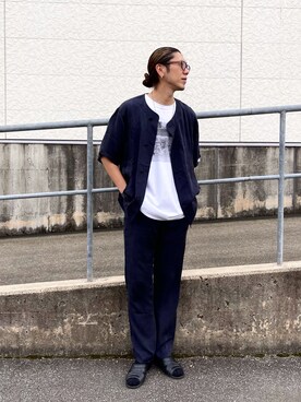 「セットアップスタイル」｜「アイテム（ノーカラージャケット）」を使った、KENTA SARUさん（メンズ・182cm）の秋コーディネート