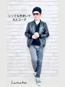 「EDIFICE（エディフィス）のアイテム（ライダースジャケット）」を使った、Hamakeiさん（メンズ・167cm）の秋コーディネート