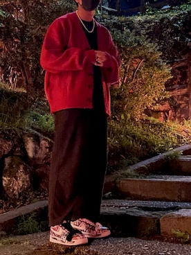 「MASONPRINCE（メイソンプリンス）の【M.P Studios】【2021AW Newカラー】Wool blend oversized  cardigan  KS1719（カーディガン/ボレロ、レッド系）」を使った、flafla39さん（メンズ・178cm）の秋コーディネート