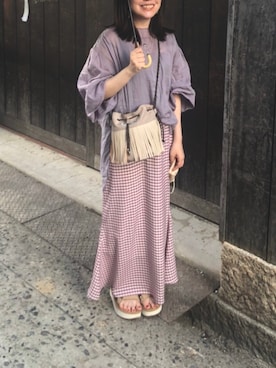「ギンガムチェック」｜「アイテム（スカート、ピンク系）」を使った、donさん（レディース・151cm）の夏コーディネート