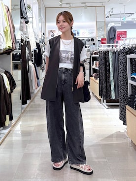 「GLOBAL WORK（グローバルワーク）のGOODデニムバレルCOOL/627009（デニムパンツ、ブラック系）」を使った、きょんさん（レディース・155cm）の夏コーディネート