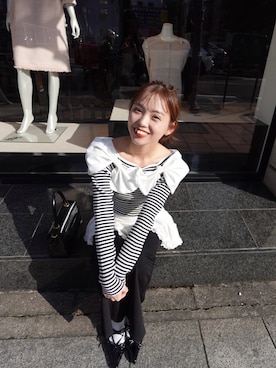 「Chico（チコ）の【SALON by Chico】ダブルリボンドッキングニット（ニット/セーター、ホワイト系）」を使った、yuikaさん（レディース・154cm）の春コーディネート