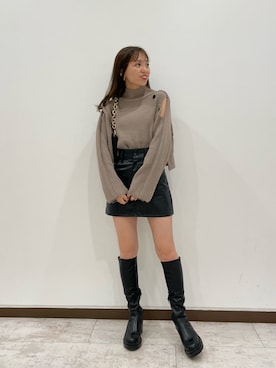 「レザーコーデ」｜「アイテム（ブーツ）」を使った、yuikaさん（レディース・152cm）の秋コーディネート
