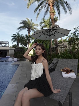 「Chico（チコ）の【水着】【SALON by Chico】フロントBIGリボンセット（水着、ブラック系）」を使った、yuikaさん（レディース・154cm）の夏コーディネート