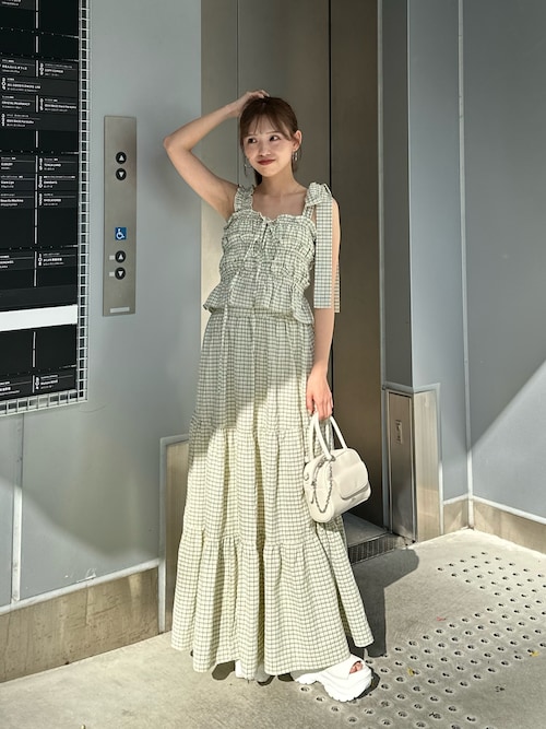 マルチway】アシメ紐デザインチェック柄シャーリングロングワンピース  