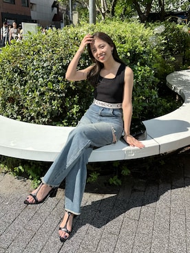 「ロゴニット」｜「アイテム（サンダル）」を使った、yuikaさん（レディース・154cm）の春コーディネート