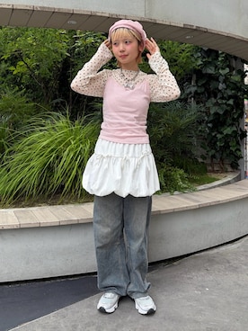 「アイテム（ハンチング/ベレー帽、ピンク系）」を使った、もちちゃんさん（レディース・158cm）の夏コーディネート