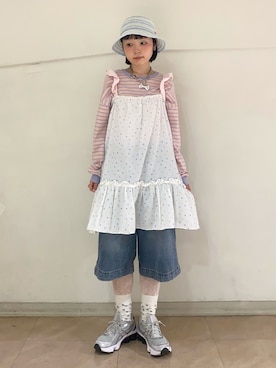 「kaorinomori（カオリノモリ）のkaorinomori  ミュアハット / カオリノモリ（ハット、ブルー系）」を使った、もちちゃんさん（レディース・158cm）の春コーディネート