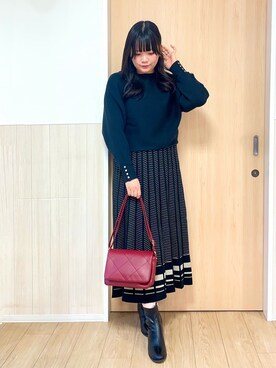 「DRESKIP（ドレスキップ）の【洗濯機可/体型カバー】お袖ボタン リブドルマンニット（ニット/セーター、ブラック系）」を使った、nanaseさん（レディース・161cm）の秋コーディネート