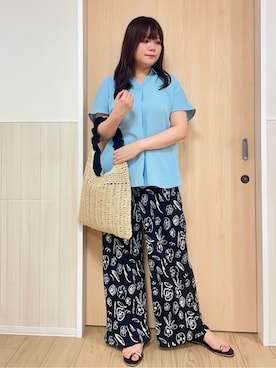 「SHOO・LA・RUE（シューラルー）の【洗濯機可/柄が選べる】さらさら楽ちん プリーツ ワイドパンツ（その他パンツ、ブラック系）」を使った、nanaseさん（レディース・161cm）の夏コーディネート