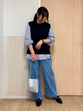 「SHOO・LA・RUE（シューラルー）の【洗える】ニットポインテッドローファー（その他シューズ、ブラック系）」を使った、nanaseさん（レディース・161cm）の冬コーディネート