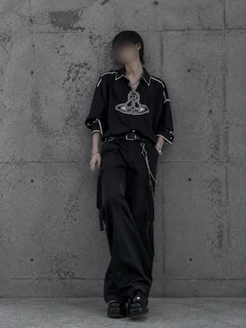 「Vivienne Westwood MAN（ヴィヴィアンウエストウッドマン）のORB STRIPE XXL SHIRT（シャツ/ブラウス、ブラック系）」を使った、Natさん（メンズ・172cm）の秋コーディネート