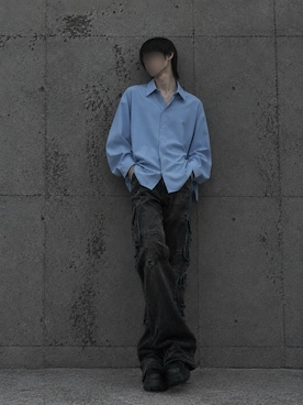 「CLEL（クレイル）の【CLEL】Balloon Sleeve Loose Regular Collar Shirt / バルーン袖ルーズレギュラーカラーシャツ【セットアップ対応】（シャツ/ブラウス、ブルー系）」を使った、Natさん（メンズ・172cm）の秋コーディネート