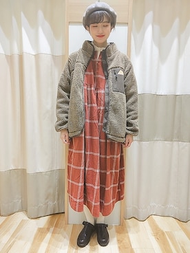 「赤チェック」｜「アイテム（ブルゾン）」を使った、makoto𐇵さん（レディース・163cm）の冬コーディネート