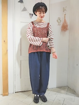 「バスクシャツ」｜「アイテム（ハンチング/ベレー帽）」を使った、makoto𐇵さん（レディース・163cm）の秋コーディネート