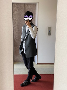 「GU（ジーユー）のアイテム（スラックス、ブラック系）」を使った、みっちーさん（メンズ・183cm）の秋コーディネート